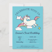 かわいい誕生日ドードルレインボーユニコーンと星。 招待状 (正面)