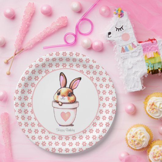 かわいい誕生日バニープラントポット&フラワーオンホワイト ペーパープレート (パーティー)