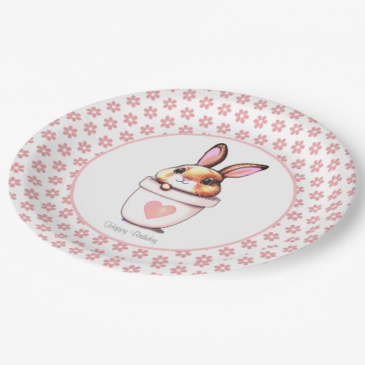 かわいい誕生日バニープラントポット&フラワーオンホワイト ペーパープレート (アングル)