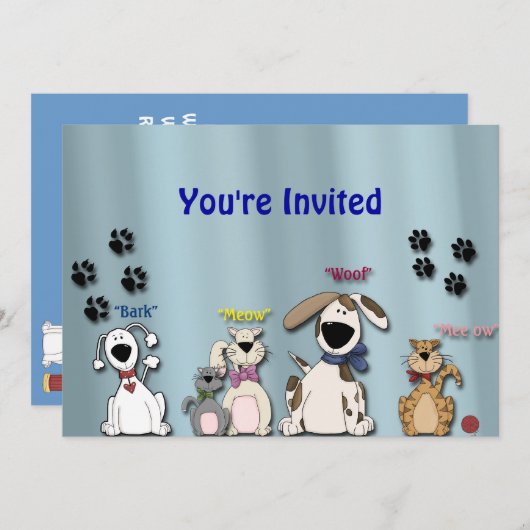 かわいい誕生日パーティの招待状/猫と犬 招待状 (正面/裏面)