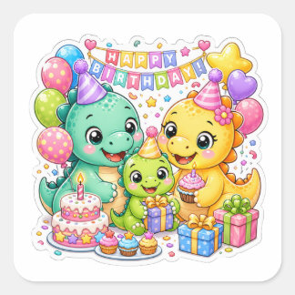 かわいい誕生日パーティーの恐竜アート スクエアシール