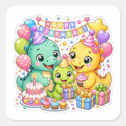 かわいい誕生日パーティーの恐竜アート スクエアシール (正面)