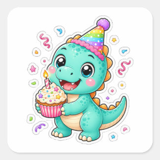 かわいい誕生日パーティーの恐竜アート スクエアシール