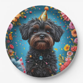かわいい誕生日パーティーハットの子犬 ペーパープレート