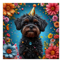 かわいい誕生日パーティーハットの子犬 ポスター