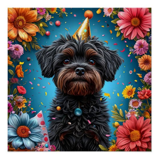 かわいい誕生日パーティーハットの子犬 ポスター (正面)