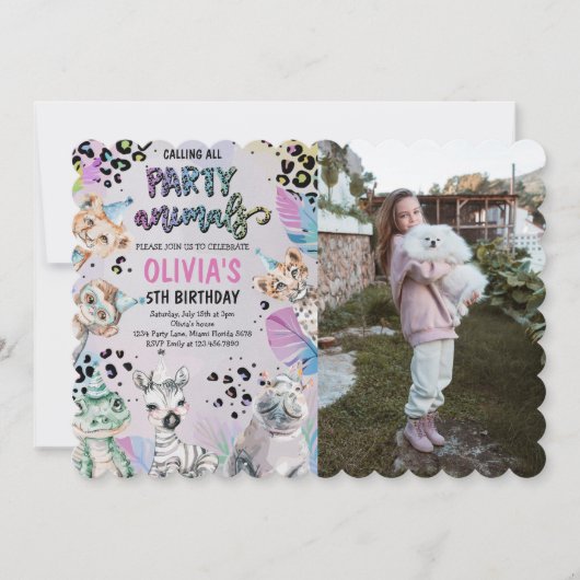 かわいい誕生日パーティー動物写真 招待状 (正面)