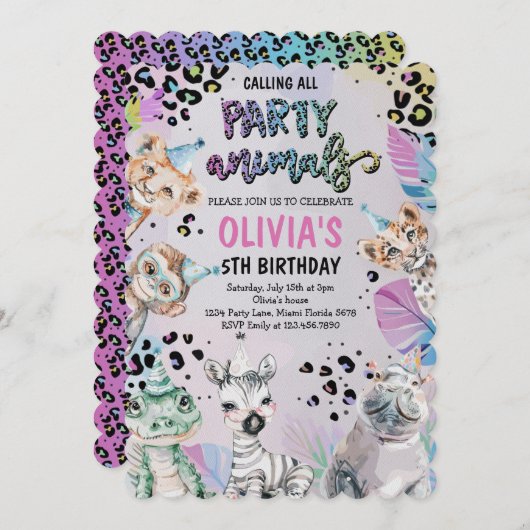 かわいい誕生日パーティー動物 招待状 (正面/裏面)
