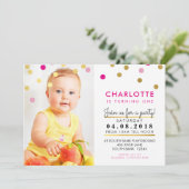 かわいい誕生日パーティー招待状ピンク金ゴールドスポットガール 招待状 (スタンド正面)