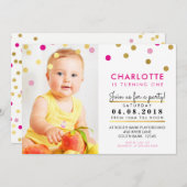 かわいい誕生日パーティー招待状ピンク金ゴールドスポットガール 招待状 (正面/裏面)