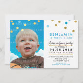かわいい誕生日パーティー招待状ブルーフェイク金ゴールドスポットボーイ 招待状 (正面)