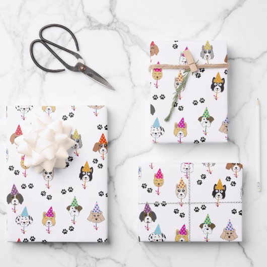 かわいい誕生日パーティー犬のパターン ラッピングペーパーシート (正面)