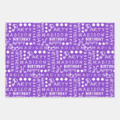 かわいい誕生日パープル任意の年齢を追加子供名 ラッピングペーパーシート (正面)