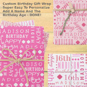 かわいい誕生日ピンク任意の年齢を追加子供名 ラッピングペーパーシート