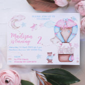 かわいい誕生日ブルーピンク水彩動物風船 招待状