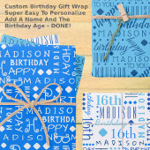 かわいい誕生日ブルー任意の年齢を追加子供名 ラッピングペーパーシート