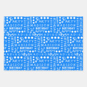 かわいい誕生日ブルー任意の年齢を追加子供名 ラッピングペーパーシート (正面)