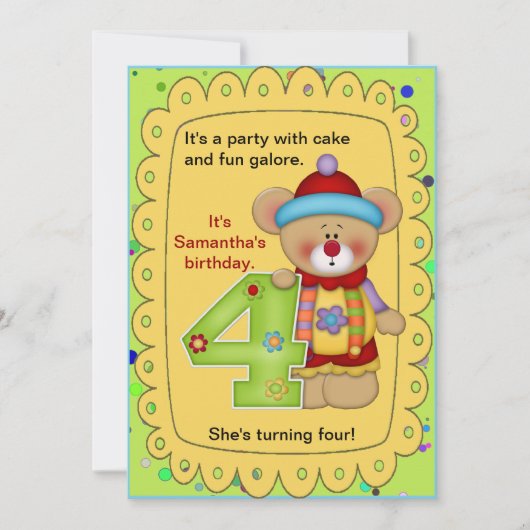 かわいい誕生日ベアー年齢4 招待状 (正面)