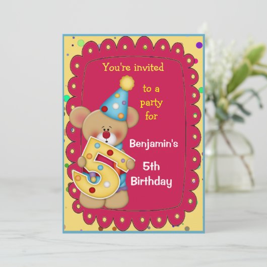 かわいい誕生日ベアー年齢5 招待状 (スタンド正面)