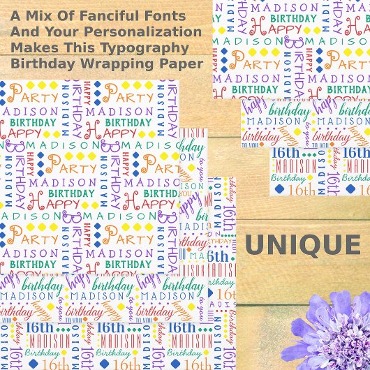 かわいい誕生日レインボー任意の年齢を追加子供名 ラッピングペーパーシート