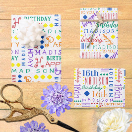 かわいい誕生日レインボー任意の年齢を追加子供名 ラッピングペーパーシート