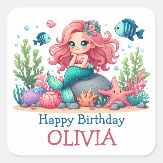 かわいい誕生日人魚姫と魚のカスタムデザイン スクエアシール (正面)