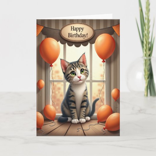 かわいい誕生日子猫の窓カード カード (正面)