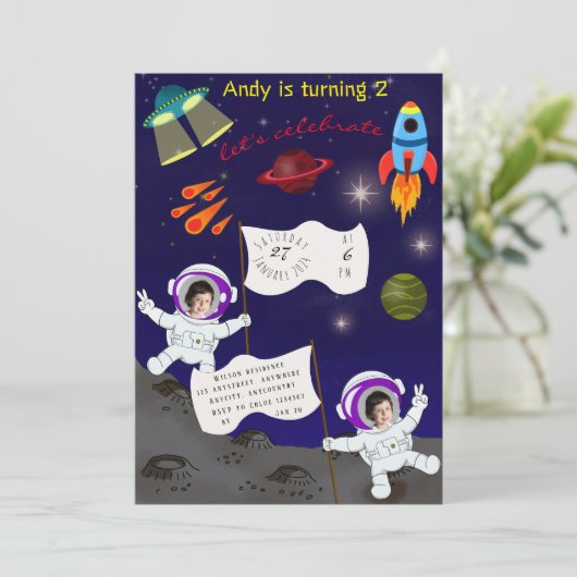 かわいい誕生日宇宙宇宙飛行士漫画 招待状 (スタンド正面)