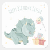 かわいい誕生日水彩恐竜2歳 スクエアシール (正面)