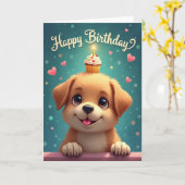 かわいい誕生日犬カード カード (黄色い花)