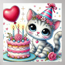 かわいい誕生日猫のキャラクター キッテン パーティー装飾 印刷 ポスター