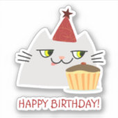かわいい誕生日猫ステッカー パーティーケーキ シール (正面)
