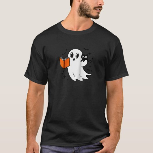 かわいい読ハロウィン幽霊の黒猫の本 Tシャツ (正面)