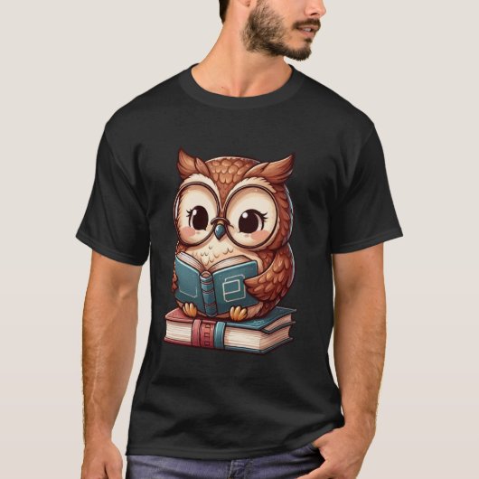 かわいい読フクロウの本読虫の図書本 Tシャツ (正面)