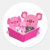 かわいい読マンガ豚ファミリーステッカー ラウンドシール (正面)
