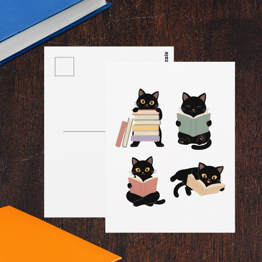 かわいい読書虫の黒猫 ポストカード