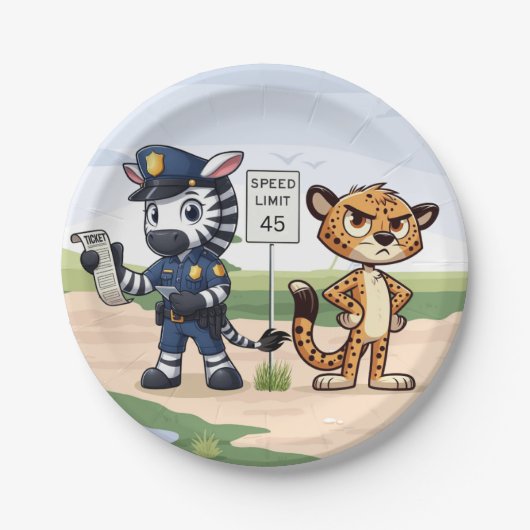 かわいい警察のシマウマとチーター ペーパープレート (正面)