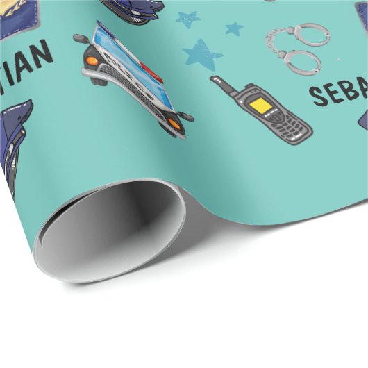 かわいい警察官と車の誕生日パーティー ラッピングペーパー (ロールコーナー)