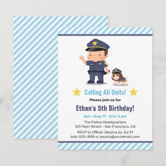 かわいい警察官の男の子と犬の誕生日パーティー 招待状 (正面/裏面)
