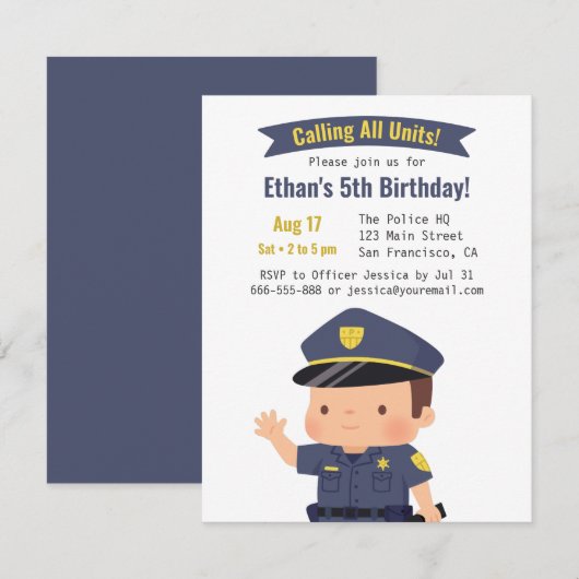 かわいい警察官の男の子の誕生日パーティー 招待状 (正面/裏面)