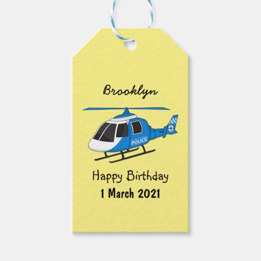 かわいい警察署ヘリコプターのチョッパー漫画 ギフトタグ (正面)