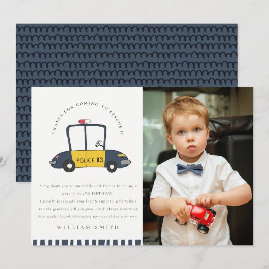 かわいい警察車両レスキュー子供の写真 あらゆる年齢の誕生日 サンキューカード (正面/裏面)