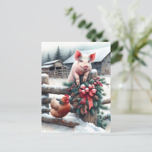 かわいい豚とチキンクリスマスファームパーソナライズされた ポストカード (スタンド正面)