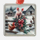 かわいい豚とチキンクリスマスファーム メタルオーナメント (正面)