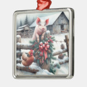 かわいい豚とチキンクリスマスファーム メタルオーナメント (左)