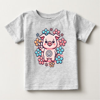かわいい豚とピースサイン&70のテーマの花 ベビーTシャツ