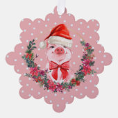 かわいい豚とボウリース水玉模様ピンクのクリスマス オーナメントカード (正面)