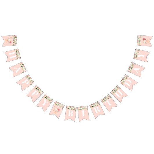 かわいい豚と赤面ピンクの花ハッピーバースデー バンティングフラッグ (全)