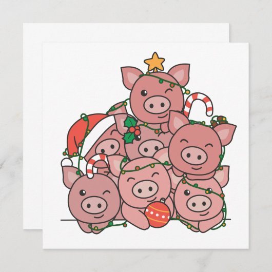 かわいい豚のクリスマスツリー 動物のクリスマス招待状 招待状 (正面/裏面)