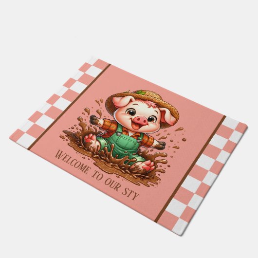 かわいい豚のスティ歓迎の追加文字 ドアマット (アングル)